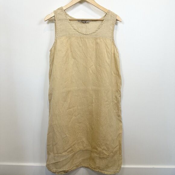 Flax Linen Dress Womens Medium Yellow Sleeveless Shift Boho Minimalist Lagenlook - Picture 1 of 14